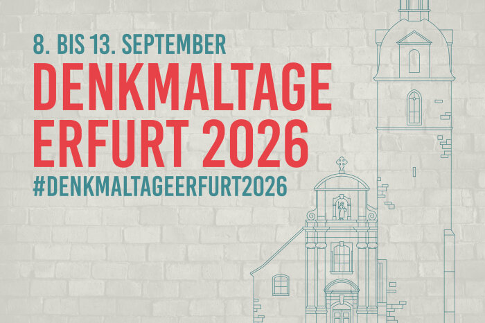 auf grauem Hintergrund sind eine Kirche und der Schriftzug "Denkmaltage Erfurt 2026" abgebildet