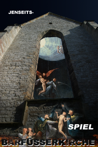 Jenseitsspiel als Collage mit der Barfüßerkirche und dem Gemälde von Hieronymus Bosch, Der Flug zum Himmel-Ausschnitt von 'Vision vom Jenseits'