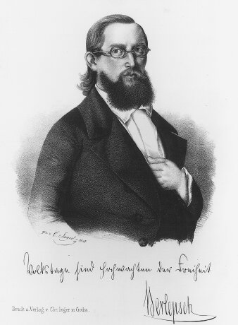 historische Zeichnung eines Mannes mit Brille und Bart