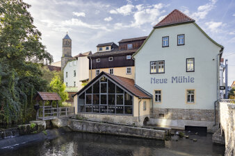 Außenansicht eines Gebäudeensembles am Wasser, an der Fassade des größten Gebäudes steht "Neue Mühle"