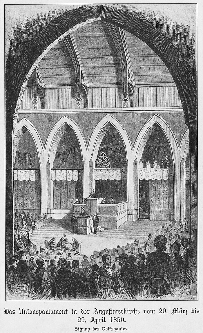 Darstellung in schwarz-weiß des Unionsparlaments in der Augustinerkirche von 1850. 