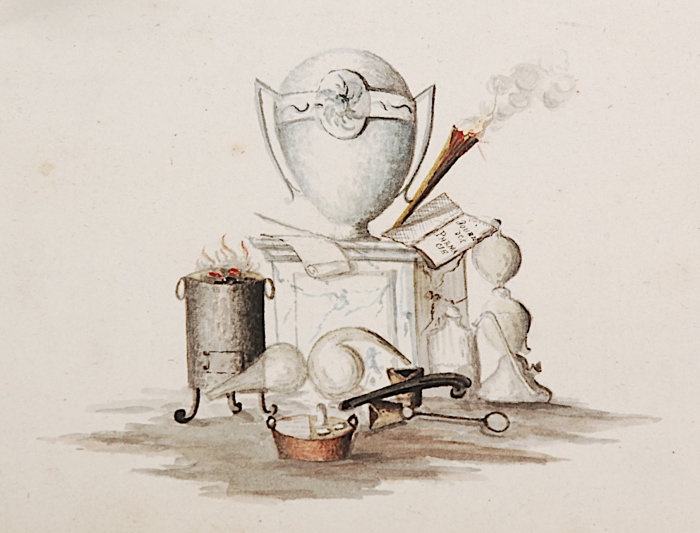 Zeichnung von „Journal der Pharmacie“, Ofen mit Feuer, Destilliergeräte, Tiegel, Tiegelzange, Wasserschüssel, Gasen