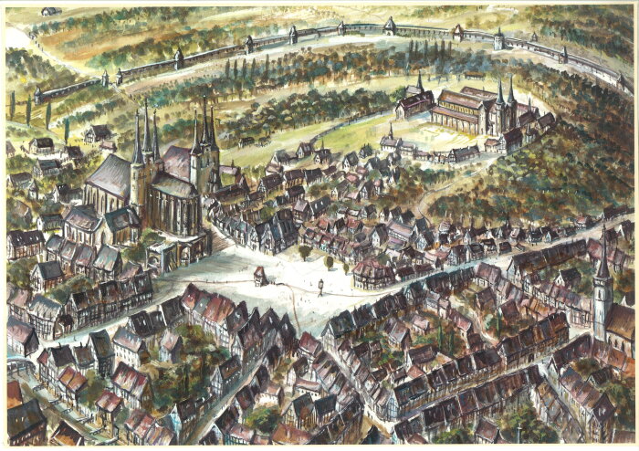 Stadtansicht von Erfurt mit Stadtmauer und Domplatz