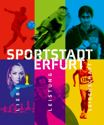 Bunter Banner in Rot, Grün, Blau, Violett, Pink und Gelb mit 6 verschiedenen Sportarten als Motiv