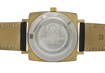 Naturfarbenes Lederarmband, wasserfester, stoß gesicherter Edelstahlboden mit Inschrift „14 K Goldplaque  – 016617“, Made in German GUB