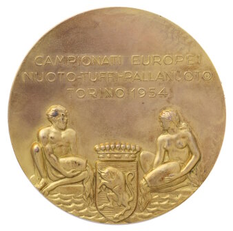 Goldmedaille mit Inschrift: „Europäische Meisteschaften im Schwimmen, Springe und Wasserball in Turin 1954“ auf italienisch
