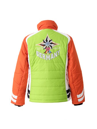 Mannschaftsjacke Olympische Winterspiele Turin 2006 von Sabine Völker: Orange, Hellgrün und Weiß mit Logos 
