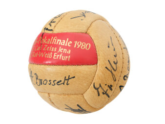 Fußball aus Leder mit goldenem Schriftaufdruck „DFGB-Pokalfinale 1980 FC Carl Zeiss Jena - FC Rot-Weiß Erfurt