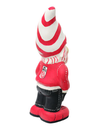 Handbemalter Gartenzwerg in den Rot-WEiß-Schwarz mit FC RWE Logo und Ringelmütze.