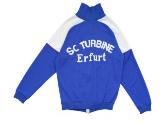 Blau-weiße Trainingsjacke mit weißem Schriftzug „SC Turbine Erfurt“ auf dem Rücken