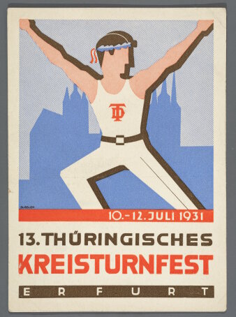Grafik eines Sportlers mit weißem Trikot und weißer Hose, auf dem Kopf ein Eichenkranz, Dom und Severikirche hinten