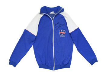 Blau-weiße Trainingsjacke mit „SC Turbine Erfurt“ Logo und einer Unterschrift von Henry Lauterbach