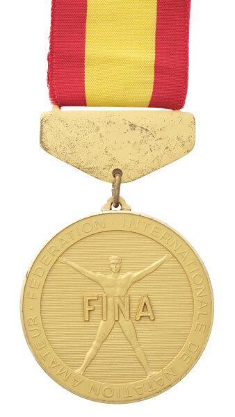 Goldmedaille mit Inschrift „Federation Internationale De Nataion Amateur FINA“ und Prägung eines Sportlers