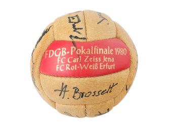 Fußball aus Leder mit goldenem Schriftaufdruck „DFGB-Pokalfinale 1980 FC Carl Zeiss Jena - FC Rot-Weiß Erfurt