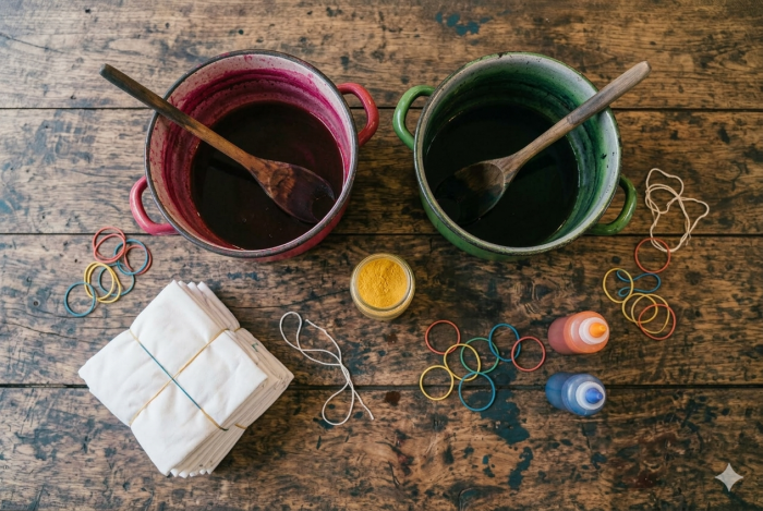 Zwei Töpfe mit Holzlöffel, Stoffballen, Farben und Gummis zum Stoffe färben