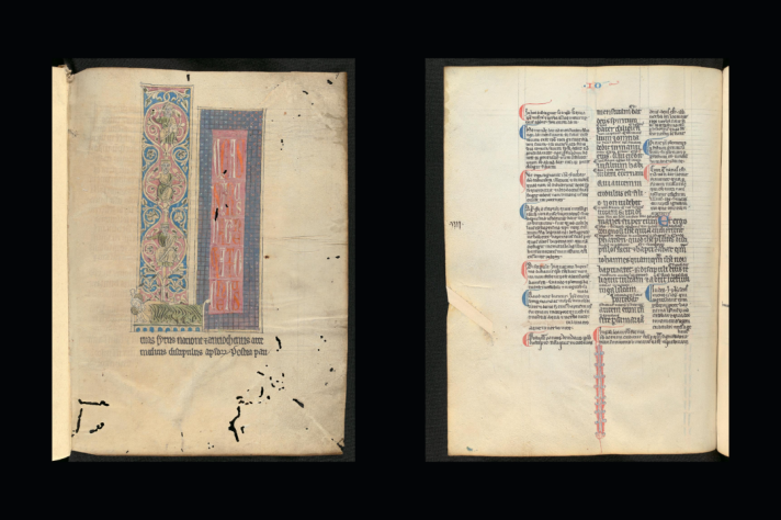 Zwei Seiten aus einer historischen Handschrift mit farbigen Elementen