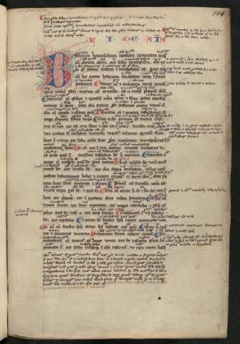 Malerisch gestaltetet Buchseite einer historischen Sammelhandschrift in Rot- und Blautönen