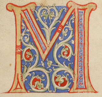 Foto: Codex Dep. Erf., CA 4° 78 der Bibliotheca Amploniana © Universitätsbibliothek Erfurt Ein gemalter, in satten Farben floral verzierter Buchstabe „M“