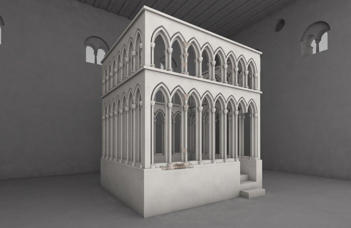 Zu sehen sind ein computergenerierter Innenraum mit schmucklosen Wänden und das Lesepult aus gotischen Bögen.