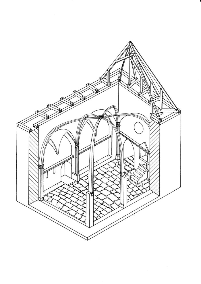 Die Zeichnung in schwarz-weiß zeigt den Aufriß des Gebäudes vom Dachstuhl mit Deckengewölbe, Fenstern und Fußboden.