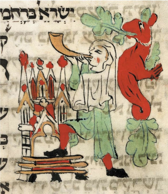 ein gemaltes Bild mit Mann, mit einem Bein auf einem Thron stehend und in ein Schofar-Horn blasend