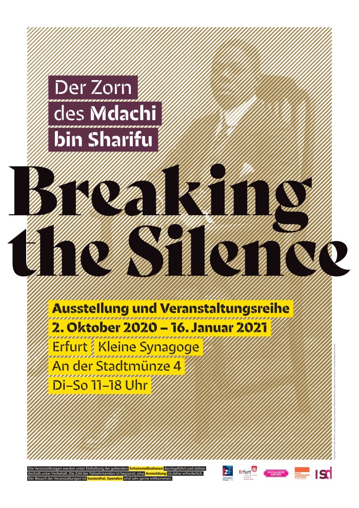 Veranstaltungsplakat zu Breaking the Silence mit einer schraffierten Darstellung eines sitzenden Mannes