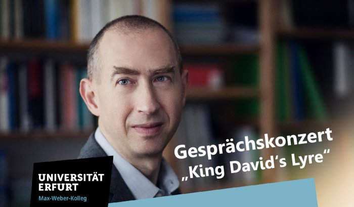 Werbeplakat für das Gesprächskonzert "King David's Lyre" mit einem Foto vom Kopf eines Mannes 