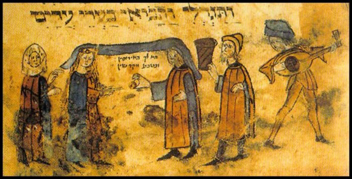 Ausschnitt aus der 2. Nürnberger Haggadah (Handschrift um 1470) mit der Darstellung einer Jüdischen Hochzeit