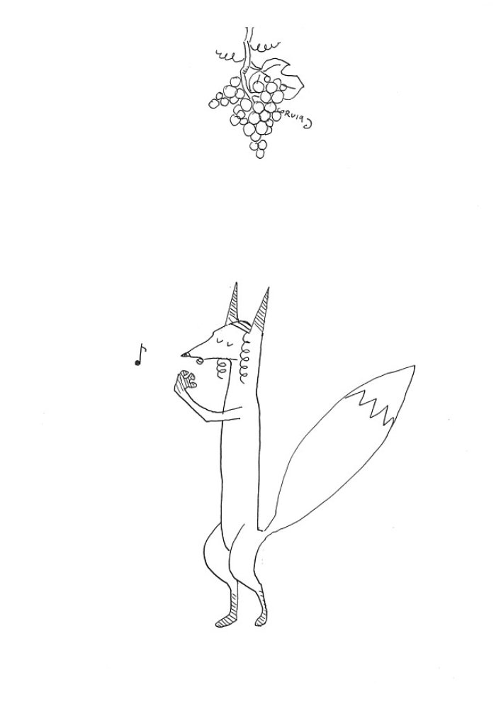 Zeichnung eines Fuchses mit über ihm hängenden Trauben