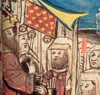 Sternenbanner, Illustrierte Chronik Ulrich Richentals zum Konstanzer Konzil, Konstanz, 1464, Prag, Národní Knihovna Česke Republiky, Cod. VII A 17, fol. 148r, Detail Buntes Banner mit Personen und Fahnen