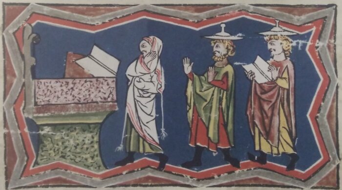 Leipziger Mahzor, From the collections of Leipzig University Library, The National Library of Israel Eine illustrierte Darstellung von drei Personen vor einem Schrein
