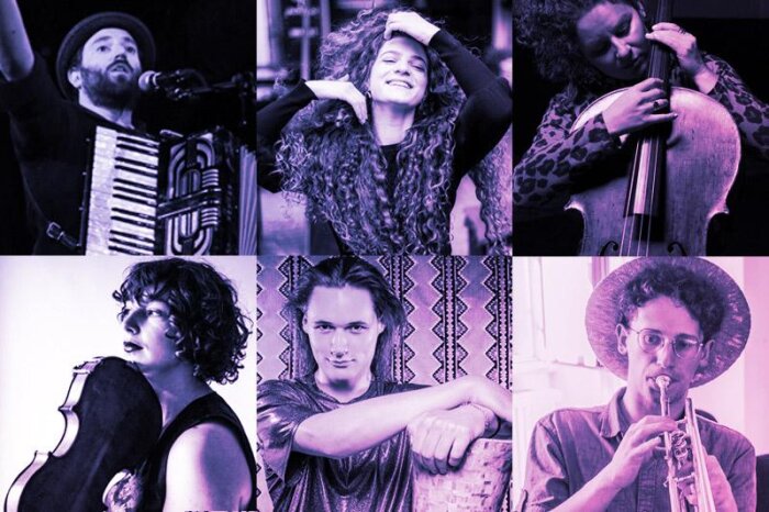 Sechs Künstlerinnen und Künstler der jiddisches Musik mit ihren Instrumenten