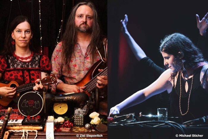 Zwei Künstlerinnen und ein Künstler mit Instrumenten in einer Fotocollage