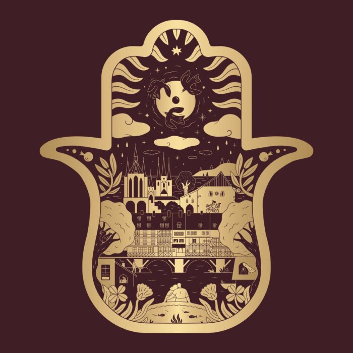 Künstlerische Grafik zum Motiv der offenen Hand mit fünf ausgestreckten Fingern in Gold- und Brauntönen