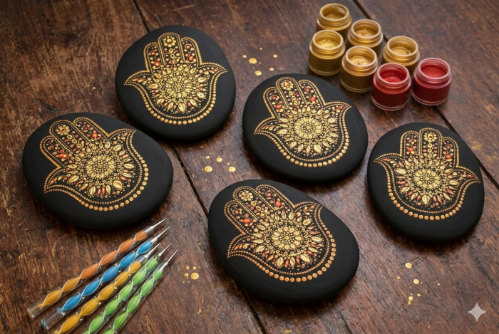 Fünf schwarze Steine, bemalt mit goldroten Hamsa-Händen als Mandala, umringt von Farben und Werkzeugen.
