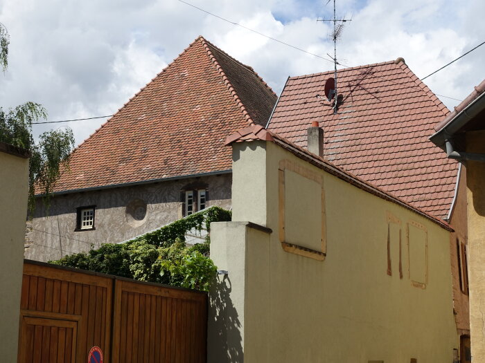 Historisches Gebäude versteckt hinter einer gelben Mauer