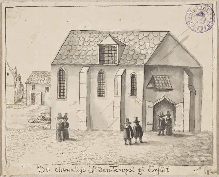 Constantin Beyer (1761-1829) - „Der ehemalige Juden-Tempel zu Erfurt“ undat. Feder und Pinsel in Grau auf Papier 16.8 x 20.8 cm - Angermuseum Erfurt, Inv. Nr. 2415/20 Bild einer Synagoge mit Feder und Pinsel in Grau auf Papier gezeichnet