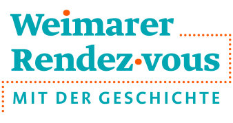 Schriftzug Weimarer-Rendezvous mit der Geschichte in Türkis und Orange