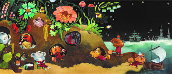 verschiedene kleine bunte Gestalten in verschiedenen Aktionen an einem Ufer