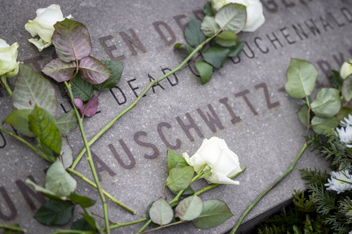 Weiße Rosen auf einem Gedenkstein niedergelegt