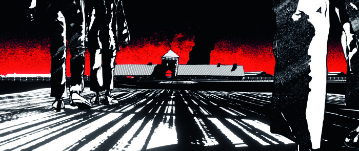 Illustration in schwarz, weiß und rot von zwei Personen auf dem Weg zum Lagertor von Auschwitz.