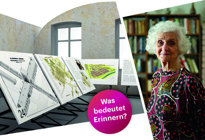 Links Zeichentische mit Zeichnungen von Auschwitz und Buchenwald und rechts eine ältere Frau im bunten Kleid.